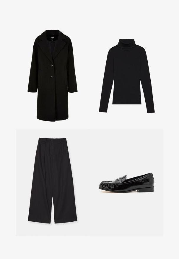 Abrigo de lana negra con solapas de muesca, botones frontales y bolsillos laterales. Presenta un corte largo y relajado, y una textura suave.; Top de manga larga de cuello alto negro, hecho de tela de canalé, presenta un diseño ajustado con un cuello alto y sin patrones ni acentos.; Pantalones de pierna ancha negros, hechos de una tela suave, con cintura alta, pliegues frontales, cierre de botón y una silueta recta.; Mocasines de charol negro con punta redondeada, detalle de flecos y un tacón bajo tipo bloque. La superficie tiene un acabado brillante.