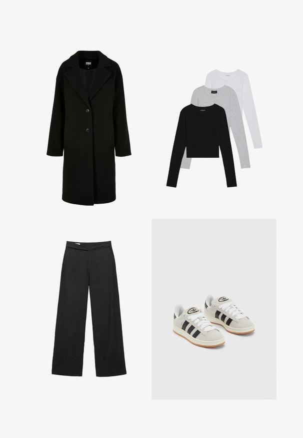 Crni vuneni kaput s oštrim reverom, prednjim gumbima i bočnim džepovima. Ima dugi, opušteni kroj i glatku teksturu.; Tri dugih rukava posložena: crna, siva i bijela. Svaka ima okrugli izrez i skrateni kroj s glatkom, laganom tkaninom.; Crne, široke hlače od lagane tkanine. Imaju ravni pojas i dva prednja džepa. Jednostavan, uredan dizajn bez uzoraka.; Sive suede tenisice s bijelim vezicama, crnim prugama i bijelim gumiranim potplatom. Imaju kružni logo na jeziku i gumeni potplat.
