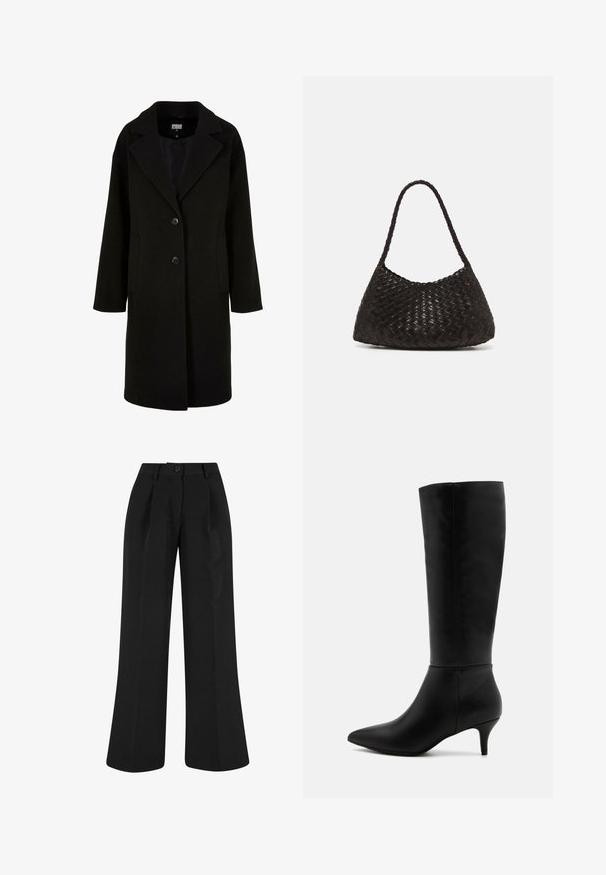 Zwarte wollen jas met een gesneden revers, knopen aan de voorkant en zijzakken. Kenmerken zijn een lange, relaxte pasvorm en een soepele textuur.; Effen witte langslopende shirt met lange mouwen, ronde hals, van achteren weergegeven, plat gelegd op een witte achtergrond.; Zwarte wijde broek met voorplooien, gemaakt van een gladde stof. Heeft een knoopsluiting en een getailleerd ontwerp.; Anna Field Laarzen - black; DRAGON DIFFUSION ROSANNA - Handtas - dark brown
