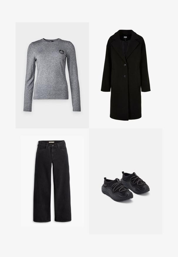 Black wool coat with a notched lapel, front buttons, and side pockets. Features a long, relaxed fit and smooth texture.; Long-sleeve gray t-shirt made of soft fabric with a round neckline and a small black patch accent on the left chest area.; Black wide-leg jeans made from denim. Features a high waist, front pockets, and a zipper with a button closure. Smooth texture.; Black athletic shoes with a textured rubber sole, padded fabric upper, elastic laces, and pull tabs at the heel for easy wear.
