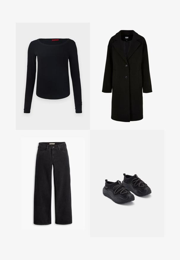 Schwarzer Wollmantel mit Reverskragen, vorderem Knopfverschluss und Seitentaschen. Merkmale sind ein langer, lockerer Schnitt und eine glatte Textur.; Schwarzes Langarm-T-Shirt mit Rundhalsausschnitt, weicher Textur und taillierter Form. Merkmale ein schlichtes Design ohne Muster oder Akzente.; Schwarze weit geschnittene Jeans aus Denim. Mit hoher Taille, Fronttaschen und einem Reißverschluss mit Knopfverschluss. Glatte Textur.; Schwarze Sportschuhe mit einer strukturierten Gummisohle, gepolstertem Stoff-Obermaterial, elastischen Schnürsenkeln und Zugschlaufen an der Ferse für einfaches Anziehen.