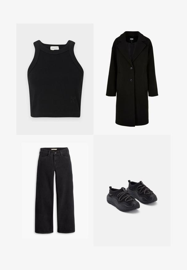 Czarny wełniany płaszcz z klapami, guziki z przodu i bocznymi kieszeniami. Ma długi, luźny krój oraz gładką teksturę.; Czarny prążkowany crop top o dopasowanym kroju, z szerokimi ramiączkami i subtelnym detalem logo. Wykonany z elastycznego materiału dla wygody.; Czarne dżinsy o szerokich nogawkach wykonane z denimu. Posiadają wysoki stan, przednie kieszenie oraz zamek błyskawiczny z zapięciem na guzik. Gładka tekstura.; Czarne buty sportowe z teksturowaną gumową podeszwą, wyściółką z materiału, elastycznymi sznurowadłami i uchwytami na pięcie, ułatwiającymi zakładanie.