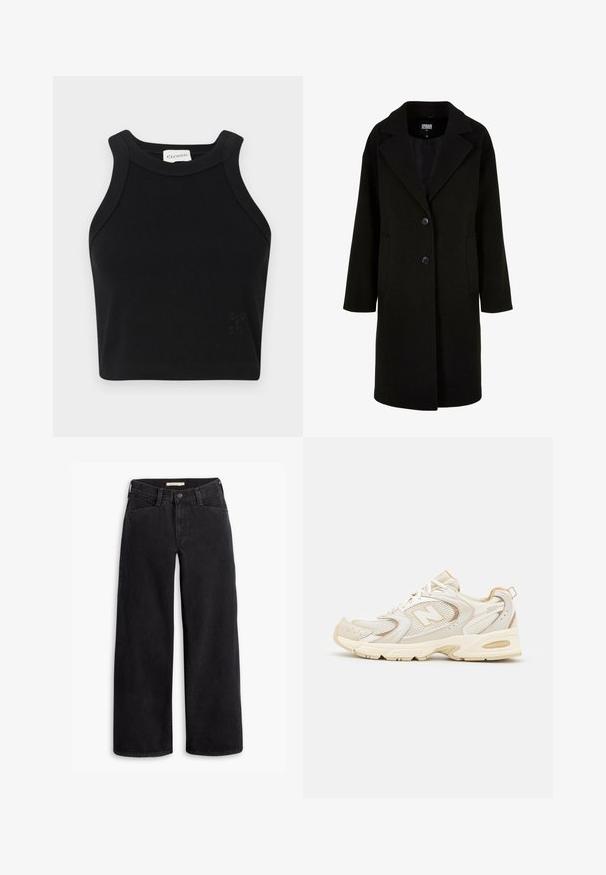Fekete gyapjú kabát, kieső hajtókával, elülső gombokkal és oldalsó zsebekkel. Hosszú, laza szabású és sima tapintású.; Fekete bordázott crop top, testhez simuló kialakítással, széles vállpántokkal és diszkrét logó részlettel. Rugalmas anyagból készült a kényelem érdekében.; Fekete, bő szárú farmernadrág. Magas derék, elülső zsebek és cipzárral, gombos záródással rendelkezik. Simább tapintású.; Beige sportcipők hálós és szintetikus burkolatokkal, texturált felülettel, párnázott bokarésszel és "ABZORB" párnázással a saroknál.