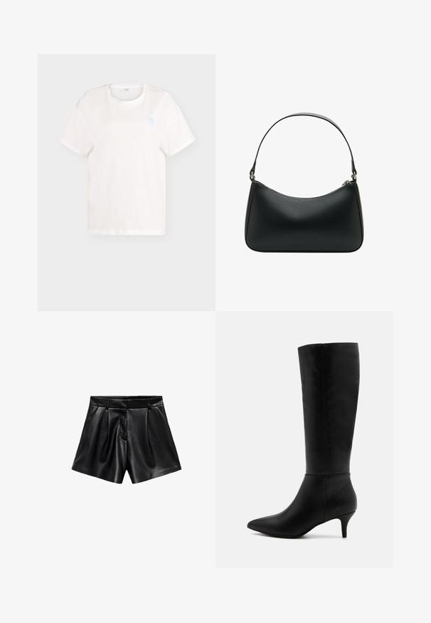 Čierny vlnený kabát s klopovým golierom, prednými gombíkmi a bočnými vreckami. Má dlhý, voľný strih a hladkú textúru.; Biele bavlnené tričko s krátkymi rukávmi a okrúhlym výstrihom. Na ľavej strane na hrudi je malá svetlomodrá grafika.; Čierne kožené šortky s vysokým pásom, so skladaním vpredu a bočnými vreckami. Hladká textúra s lesklým povrchom.; Anna Field Čižmy - black; Čierna kožená taška na rameno s zakriveným tvarom, jedným plochým popruhom a horným zipsom. Hladká textura s minimálnymi kovovými detailmi.