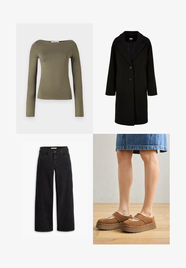Čierny vlnený kabát s klopovým golierom, prednými gombíkmi a bočnými vreckami. Má dlhý, voľný strih a hladkú textúru.; Olivovozelený top s dlhým rukávom v priliehavom strihu, vyrobený z hladkej, elastickej tkaniny so širokým výstrihom a minimálnymi švami.; Čierne široké džínsy vyrobené z denimu. Majú vysoký pás, predné vrecká a zips s gombíkovým zapínaním. Hladká textúra.; Hnedé semišové platformové topánky s okrúhlym prstom, vyrezávanými detailmi a pevným podrážkou, v kombinácii s džínsovou sukňou na drevenej podlahe.