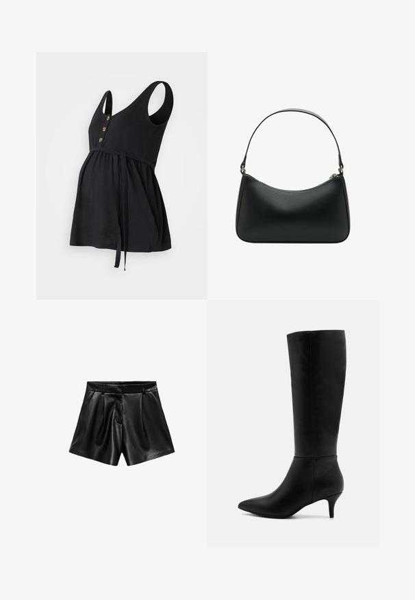 Crni vuneni kaput s oštrim reverom, prednjim gumbima i bočnim džepovima. Ima dugi, opušteni kroj i glatku teksturu.; Crna majica za trudnice s bezrukavnim dizajnom, V-izrezom, tri zlatne gumbe i podesivim strukom; mekani materijal i opušteni kroj.; Crne kožne kratke hlače s visokim strukom, nabranama sprijeda i bočnim džepovima. Glatka tekstura s sjajnim završetkom.; Anna Field Čizme - black; Crna kožna torba za rame sa zakrivljenim oblikom, jednom ravnom trakom i gornjim zatvaračem na patentni zatvarač. Glatka tekstura s minimalnim detaljima hardvera.