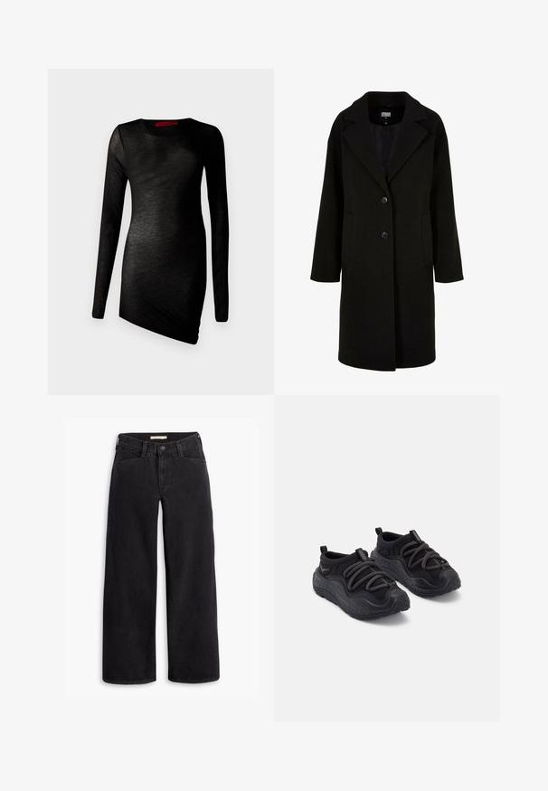 Czarny wełniany płaszcz z klapami, guziki z przodu i bocznymi kieszeniami. Ma długi, luźny krój oraz gładką teksturę.; Czarna długa sukienka z długim rękawem i okrągłym dekoltem, wykonana z lekkiego materiału o gładkiej fakturze i asymetrycznym dołem. Widoczna czerwona metka marki.; Czarne dżinsy o szerokich nogawkach wykonane z denimu. Posiadają wysoki stan, przednie kieszenie oraz zamek błyskawiczny z zapięciem na guzik. Gładka tekstura.; Czarne buty sportowe z teksturowaną gumową podeszwą, wyściółką z materiału, elastycznymi sznurowadłami i uchwytami na pięcie, ułatwiającymi zakładanie.