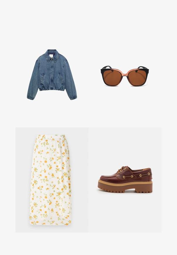 Mango Jeansjacke - blue; Kurzarm-Poloshirt in bordeauxrot und cremefarbenen Streifen mit hellblauen Akzenten, mit einem Kragen und Knopfleiste. Weicher Strickstoff.; Lange Blümchenrock aus leichtem Stoff, weißer Grundton mit verstreuten orangefarbenen und grünen Blumen, elastischer Bund, fließendes Design.; Braune Lederbootsschuhe mit einer massiven braunen Gummisohle, goldenen Ösen und kontrastierenden Nähten. Mit einem Logo an der Seite.; Sonnenbrille mit braunen Gläsern, schwarzen und transparent orangefarbenen Rahmen, Katzenaugenform und glatter Oberfläche. Keine sichtbaren Beschläge oder Muster.; Braune Wildleder-Schultertasche mit offenem Oberteil. Sie verfügt über einen tiefen, breiten Körper, einen ausgeschnittenen Griff und minimale Nähte für ein sauberes Design.