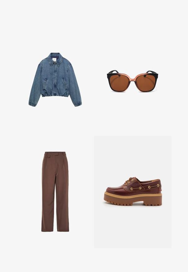 Mango Džínová bunda - blue; Polo tričko s krátkým rukávem v mahagonové a krémové pruhy s akcenty v světlé modré barvě, s límečkem a knoflíkovou légou. Měkká pletená tkanina.; Hnědé široké kalhoty z tkané látky s vysokým pasem, předními sklady a detailem knoflíku. Hladká textura s upraveným designem.; Hnědé kožené boty na lodi s robustní hnědou gumovou podrážkou, zlatými očky a kontrastním prošíváním. Na boku se nachází logo.; Sluneční brýle s hnědými čočkami, černými a transparentně oranžovými rámy, ve tvaru kočičích očí a hladkým povrchem. Bez viditelného kování nebo vzorů.; Hnědá semišová taška přes rameno s otevřeným vrchem. Disponuje hlubokým a širokým tělem, vyřezávaným držadlem a minimálním prošíváním pro čistý design.