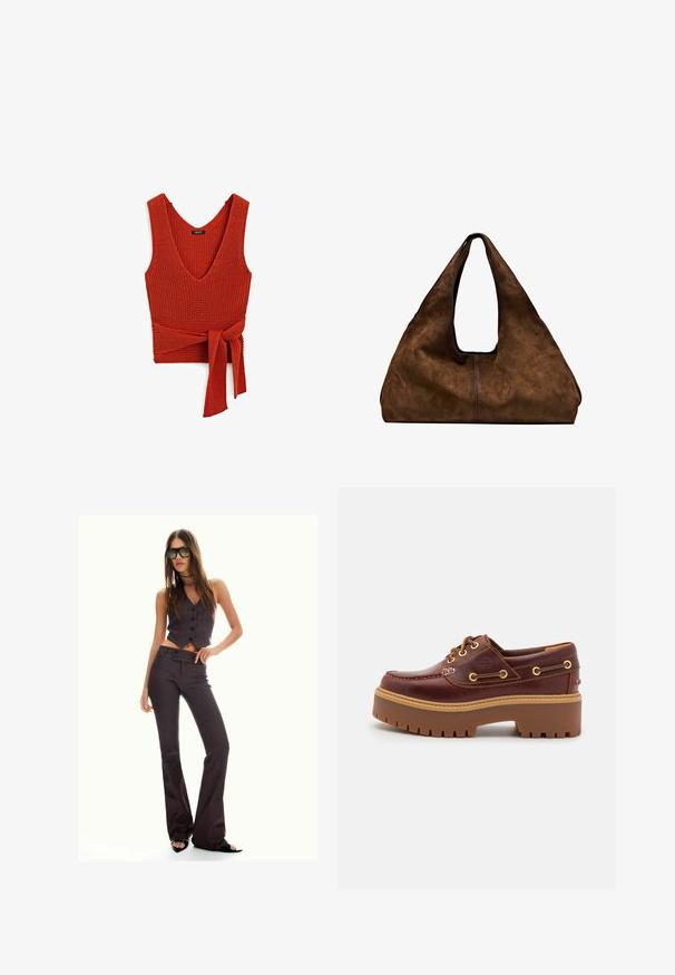 Mango Cowboyjakker - blue; Rød strikket tanktop med en dyb V-hals og en bundet talje, prydet med en struktureret overflade og brede stropper.; Brun stribet cropped vest og flagrende bukser med knapper og et tekstureret stof. Sorte åbentåede sko og overdimensionerede solbriller.; Brune læder bådsko med en kraftig brun gummisål, gyldne snørehuller og kontraststing. Har et logo på siden.; Brun ruskind skuldertaske med åben top. Har en dyb, bred form, udskåret håndtag og minimal syning for et rent design.