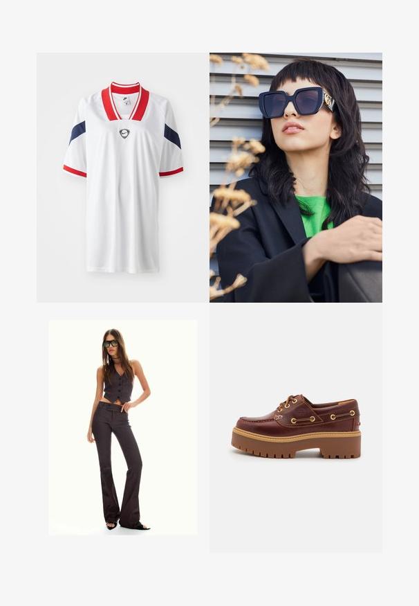 Mango Jeansjacka - blue; Vit atletisk tröja med röda och marinblå detaljer, V-ringad krage, korta ärmar och en mesh-textur med en logodetalj på bröstet.; Brun randig kort väst och utsvängda byxor med knappar och en texturerad tyg. Svarta sandaler med öppen tå och stora solglasögon.; Brun läderskärgårdssko med en kraftig brun gummisula, guldfärgad ögla och kontrasterande sömmar. Har en logotyp på sidan.; Överdimensionerade svarta solglasögon med en tjock ram och guldaccenter, bärs tillsammans med en svart kavaj och en ljusgrön skjorta, mot en horisontell bakgrund.