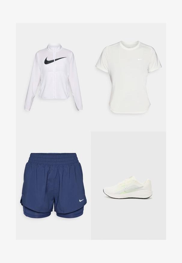 Vit Nike-jacka med långa ärmar, hög krage, blixtlåsstängning och en framträdande svart swoosh-logotyp på framsidan. Slät, lättviktsmaterial.; Nike T-shirt i vitt, kortärmad, rund halsringning, tillverkad av ett mjukt, lätt material. Har en diskret logotyp på bröstet.; Mörkblå dubbel-lager sportshorts med elastisk midja och vit Nike swoosh-logotyp på framsidan, höger sida.; Nike Performance DOWNSHIFTER 13 - Väglöparskor - sail/silver-coloured photon dust/summit white/barely volt/black
