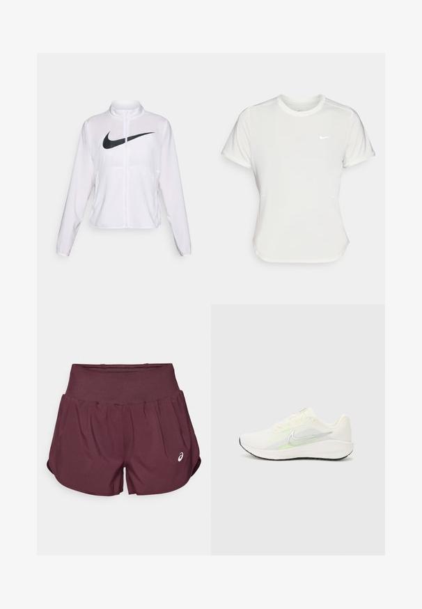 White Nike jacket with long sleeves, high collar, zip closure, and a prominent black swoosh logo on the front. Smooth, lightweight fabric.; Nike T-shirt in white, short sleeves, round neckline, made from a smooth, lightweight fabric. Features a subtle logo on the chest.; Maroon running shorts with an elastic waistband, two side pockets, and a logo on the front, made from lightweight, flexible fabric.; Nike Performance DOWNSHIFTER 13 - Road running shoes - sail/silver-coloured photon dust/summit white/barely volt/black