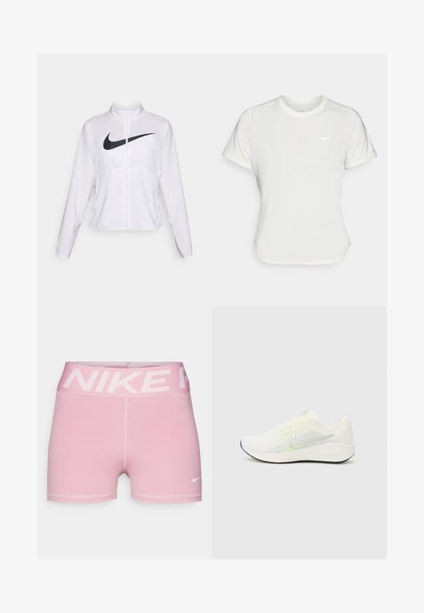 Giacca Nike bianca con maniche lunghe, colletto alto, chiusura con zip e un prominent logo swoosh nero sulla parte anteriore. Tessuto liscio e leggero.; T-shirt Nike bianco, maniche corte, scollatura rotonda, realizzata in un tessuto morbido e leggero. Presenta un logo discreto sul petto.; Shorts Nike rosa con una ampia cintura con logo, realizzati in tessuto liscio. Presentano un design aderente e il logo Nike swoosh bianco in contrasto.; Nike Performance DOWNSHIFTER 13 - Scarpe da corsa su strada - sail/silver-coloured photon dust/summit white/barely volt/black