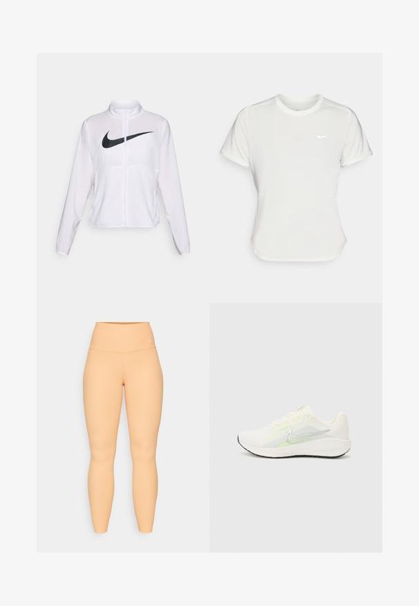 Valge Nike jakk pikkade varrukatega, kõrge krae, lukuga sulgur ja esifaasil silmapaistev must swoosh logo. Sile ja kerge kangas.; Nike T-särk valgetes toonides, lühikeste varrukatega, ümar kaelus, valmistatud siledast ja kergest kangast. Rinnal on peene logo.; Kõrge vöökohaga, ribaga legginsid virsiku värvuses. Omavad venivat, keha järgivat disaini ilma nähtavate detailide või mustriteta.; Nike Performance DOWNSHIFTER 13 - Maanteejooksu jalatsid - sail/silver-coloured photon dust/summit white/barely volt/black