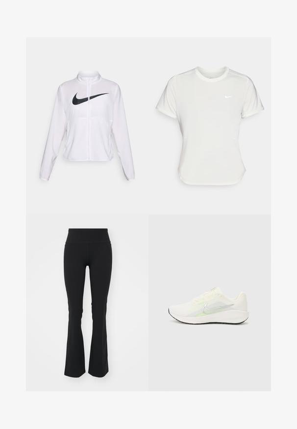 Bijela Nike jakna s dugim rukavima, visokim ovratnikom, zatvaranjem na patentni zatvarač i istaknutim crnim swoosh logom sprijeda. Glatka, lagana tkanina.; Nike majica u bijeloj boji, kratkih rukava, okruglog izreza, izrađena od glatkog, laganog materijala. Sadrži diskretni логотип na prsima.; Crne flared tajice s visokim strukom, izrađene od rastezljivog materijala. Imaju bočne šavove i proreze na rubu za lakše kretanje.; Nike Performance DOWNSHIFTER 13 - Tenisice za cestovno trčanje - sail/silver-coloured photon dust/summit white/barely volt/black