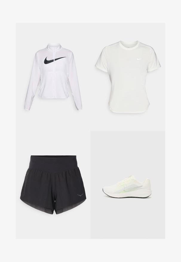 Balta Nike jaka ar garām piedurknēm, augstu apkakli, ar rāvējslēdzēja aizdari un izteiktu melnu Swoosh logotipu priekšpusē. Gluda, viegla auduma.; Nike t-krekls baltā krāsā, īsām piedurknēm, ar apaļu kakla izgriezumu, izgatavots no gludas, vieglas auduma. Uz krūtīm ir diskreta logo.; Melnās skriešanas šortos ar plašu jostu, slāņu dizainu un atstarojoša logotipa akcentu apakšmalā. Izgatavoti no viegla, elpojoša auduma.; Nike Performance DOWNSHIFTER 13 - Apavi skriešanai pa asfaltu - sail/silver-coloured photon dust/summit white/barely volt/black