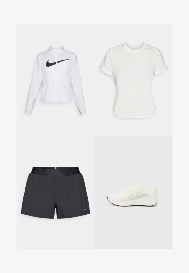 Bijela Nike jakna s dugim rukavima, visokim ovratnikom, zatvaranjem na patentni zatvarač i istaknutim crnim swoosh logom sprijeda. Glatka, lagana tkanina.; Nike majica u bijeloj boji, kratkih rukava, okruglog izreza, izrađena od glatkog, laganog materijala. Sadrži diskretni логотип na prsima.; Crne atletske kratke hlače s elastičnim pojasom i suptilnim zelenim akcentom na stražnjem dijelu. Izrađene od lagane tkanine, s logotipom na rubu.; Nike Performance DOWNSHIFTER 13 - Tenisice za cestovno trčanje - sail/silver-coloured photon dust/summit white/barely volt/black