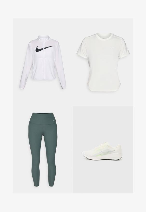 Valkoinen Nike-takki pitkillä hihoilla, korkealla kauluksella, vetoketjullinen suljenta ja suuri musta swoosh-logo edessä. Sujuva, kevyt kangas.; Nike T-paita valkoisena, lyhythihaisena, pyöreällä kaula-aukolla, valmistettu sileästä, kevyestä kankaasta. Rinnassa on huomaamaton logo.; Nike Performance ZENVY - Trikoot - vintage green/black; Nike Performance DOWNSHIFTER 13 - Katujuoksukengät - sail/silver-coloured photon dust/summit white/barely volt/black