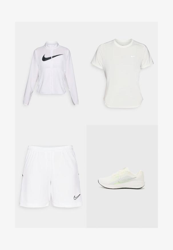 White Nike jacket with long sleeves, high collar, zip closure, and a prominent black swoosh logo on the front. Smooth, lightweight fabric.; Nike T-shirt in white, short sleeves, round neckline, made from a smooth, lightweight fabric. Features a subtle logo on the chest.; White athletic shorts with an elastic waistband, featuring a black Nike swoosh logo on the lower left side and subtle textured detailing.; Nike Performance DOWNSHIFTER 13 - Road running shoes - sail/silver-coloured photon dust/summit white/barely volt/black