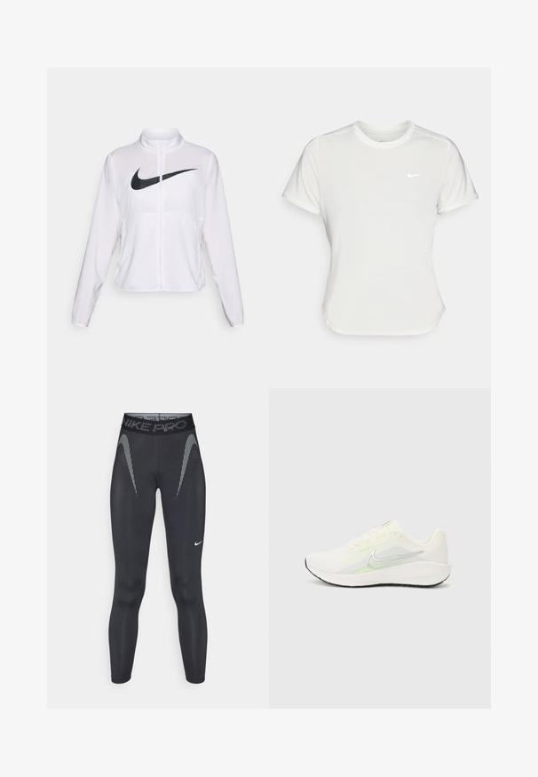 Vit Nike-jacka med långa ärmar, hög krage, blixtlåsstängning och en framträdande svart swoosh-logotyp på framsidan. Slät, lättviktsmaterial.; Nike T-shirt i vitt, kortärmad, rund halsringning, tillverkad av ett mjukt, lätt material. Har en diskret logotyp på bröstet.; Svarta sportleggings med hög midja, med reflekterande diagonalränder och en liten vit logotyp på vänster underben.; Nike Performance DOWNSHIFTER 13 - Väglöparskor - sail/silver-coloured photon dust/summit white/barely volt/black