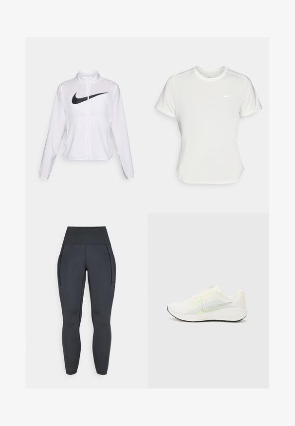 Valkoinen Nike-takki pitkillä hihoilla, korkealla kauluksella, vetoketjullinen suljenta ja suuri musta swoosh-logo edessä. Sujuva, kevyt kangas.; Nike T-paita valkoisena, lyhythihaisena, pyöreällä kaula-aukolla, valmistettu sileästä, kevyestä kankaasta. Rinnassa on huomaamaton logo.; Korkeavyötäröiset mustat legginsit, jotka on valmistettu venyvästä ja sileästä kankaasta. Varustettu kahdella sivutaskulla ja kontrastivärisillä ompeleilla saumoissa.; Nike Performance DOWNSHIFTER 13 - Katujuoksukengät - sail/silver-coloured photon dust/summit white/barely volt/black