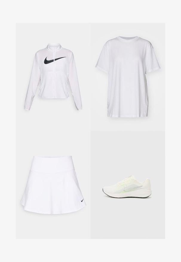 Jachetă albă Nike cu mâneci lungi, guler înalt, închidere cu fermoar și un logo mare swoosh negru pe partea din față. Material fin și ușor.; Tricou alb supradimensionat din bumbac, cu guler rotund, mâneci scurte și slituri laterale pentru o croială lejeră. Textură fină.; Fustă sport albă, realizată dintr-un material ușor, având un design evazat și un logo Nike negru în colțul din dreapta jos. Textură netedă.; Nike Performance DOWNSHIFTER 13 - Pantofi de alergare pe asfalt - sail/silver-coloured photon dust/summit white/barely volt/black