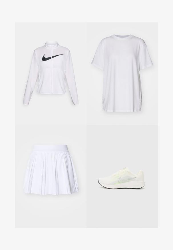 Bílá bunda Nike s dlouhými rukávy, vysokým límcem, zapínáním na zip a výrazným černým logem swoosh na přední straně. Hladká, lehká tkanina.; Bílé oversized tričko vyrobené z bavlny, s kulatým výstřihem, krátkými rukávy a bočními rozparky pro uvolněný střih. Hladká textura.; Bílá skládací sukně s měkkým elastickým pasem, která se vyznačuje hladkým povrchem a minimalistickým designem bez dalších vzorů nebo akcentů.; Nike Performance DOWNSHIFTER 13 - Silniční běžecké boty - sail/silver-coloured photon dust/summit white/barely volt/black