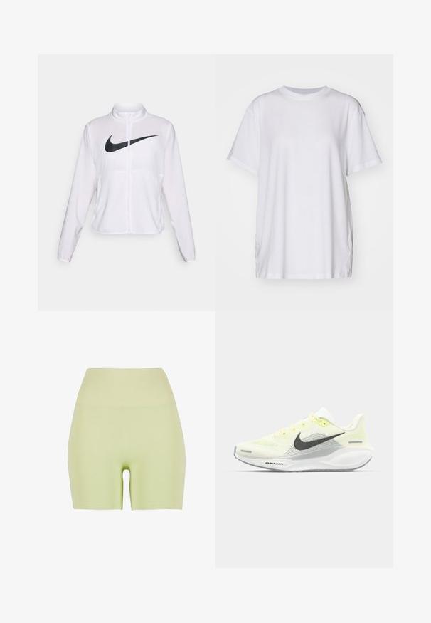 Biała kurtka Nike z długimi rękawami, wysokim kołnierzem, zamkiem błyskawicznym oraz wyraźnym czarnym logo swoosh z przodu. Gładki, lekki materiał.; Biały, oversize'owy T-shirt wykonany z bawełny, z okrągłym dekoltem, krótkimi rękawami i bocznymi rozcięciami, zapewniający luźny krój. Gładka faktura.; Szorty z wysokim stanem w jasnym zielonym kolorze, wykonane z elastycznej tkaniny. Gładka tekstura; dopasowany krój z okrągłym wykrojem na dolnej części pleców.; Biegi Nike z lekką żółtą i białą siateczką cholewy, szarymi akcentami i elastyczną gumową podeszwą. Posiada klasyczne sznurowanie.