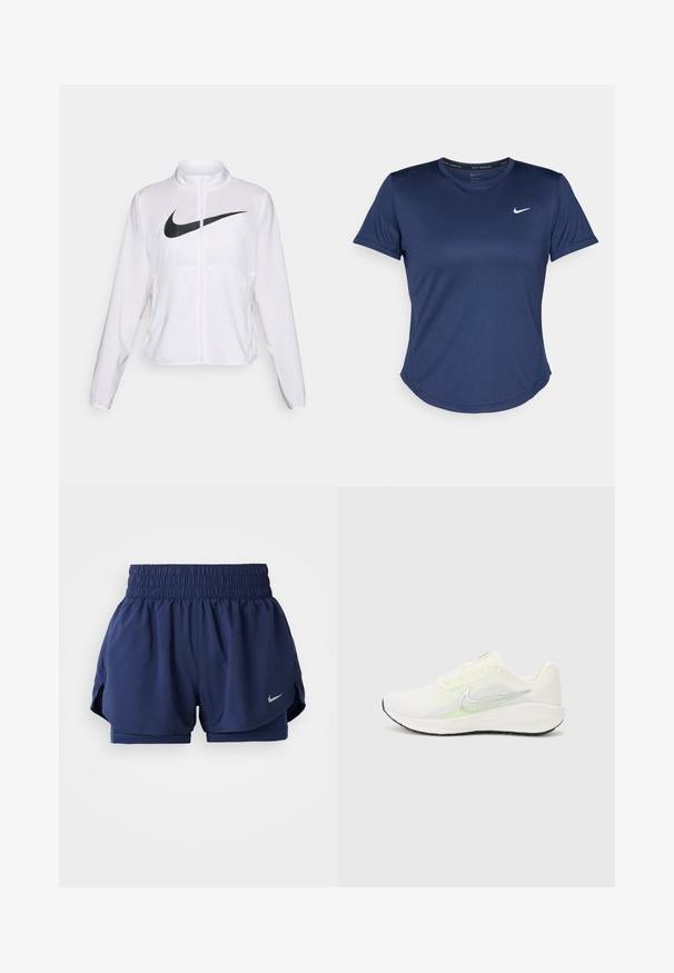 Bela Nike jakna z dolgimi rokavi, visokim ovratnikom, zadrgo in izstopajočim črnim znakomm Swoosh na sprednji strani. Gladek, lahek material.; Temno modra športna majica s kratkimi rokavi, okroglim izrezom in logotipom Nike na prsih. Narejena iz gladkega, lahkega materiala.; Mornarske atletske kratke hlače z smučanjem elastičnega pasu, notranjo oblogo in stranskimi razpokami. Imajo majhen srebrni Nike logotip na spodnjem sprednjem delu.; Nike Performance DOWNSHIFTER 13 - Tekaški copati za cesto - sail/silver-coloured photon dust/summit white/barely volt/black