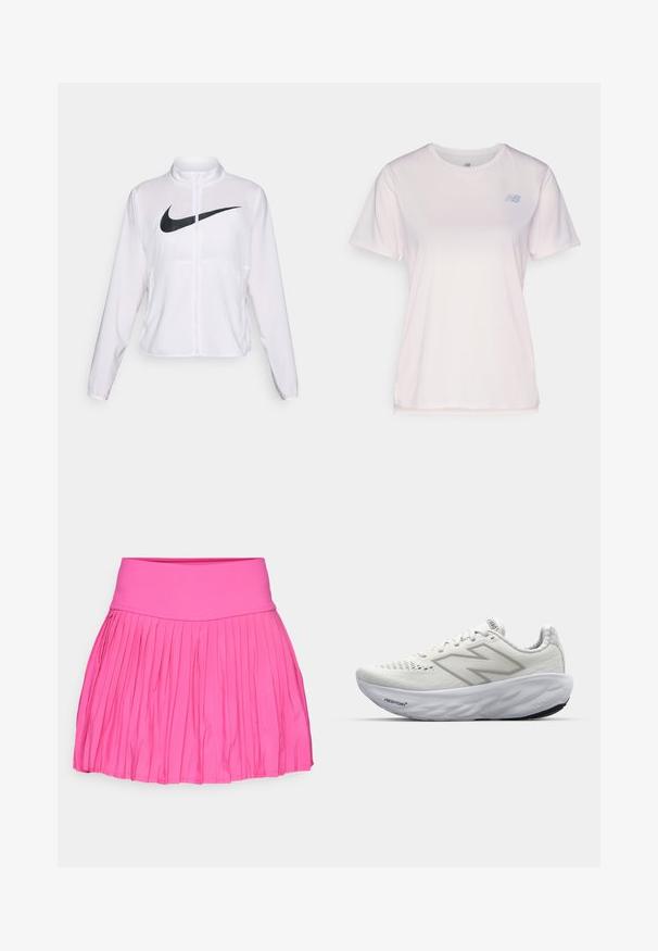 Valge Nike jakk pikkade varrukatega, kõrge krae, lukuga sulgur ja esifaasil silmapaistev must swoosh logo. Sile ja kerge kangas.; Heled roosa lühikeste varrukatega sporditee, mis on valmistatud pehmest kangast, millel on õrn tekstuur ja väike sinine logo vasakul rinnal.; Roosa voltitud seelik laia vöökoha ja veniva materjaliga. Omab vertikaalseid voldikesi, mis ulatuvad alläärteni.; Valged spordijalatsid, millel on võrgusilma pealne osa, polsterdatud sääreosa, tekstuuriga tallad ja "Fresh Foam" kaubamärgi logo keskosas.