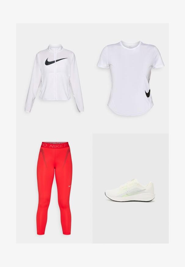 Witte Nike jack met lange mouwen, hoge kraag, ritssluiting en een opvallend zwart swoosh-logo aan de voorkant. Glad, lichtgewicht stof.; Witte sportshirt met korte mouwen van gladde stof, met een zwart Nike-logo aan de linkerkant en een gebogen zoom onderaan.; Rode sportieve legging gemaakt van rekbaar materiaal. Heeft een hoge taille, reflecterende accenten en een Nike-logo op het onderbeen.; Nike Performance DOWNSHIFTER 13 - Hardloopschoenen voor op de weg - sail/silver-coloured photon dust/summit white/barely volt/black