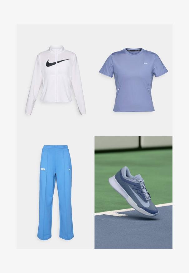 Jaqueta branca da Nike com mangas longas, gola alta, fecho de zíper e um grande logótipo swoosh preto na parte da frente. Tecido suave e leve.; Camisola atlética de mangas curtas em tecido lilás claro, com um decote redondo e um pequeno logo branco da Nike no lado esquerdo do peito.; Calças de fato azuis com uma cintura elástica, pernas retas, bolsos laterais e um emblema no lado esquerdo da coxa. Textura de tecido suave e macia.; Sapatilhas desportivas em azul claro e azul marinho, com um topo texturizado, atacadores planos e uma sola leve branca. Elevadas acima de uma superfície de campo.