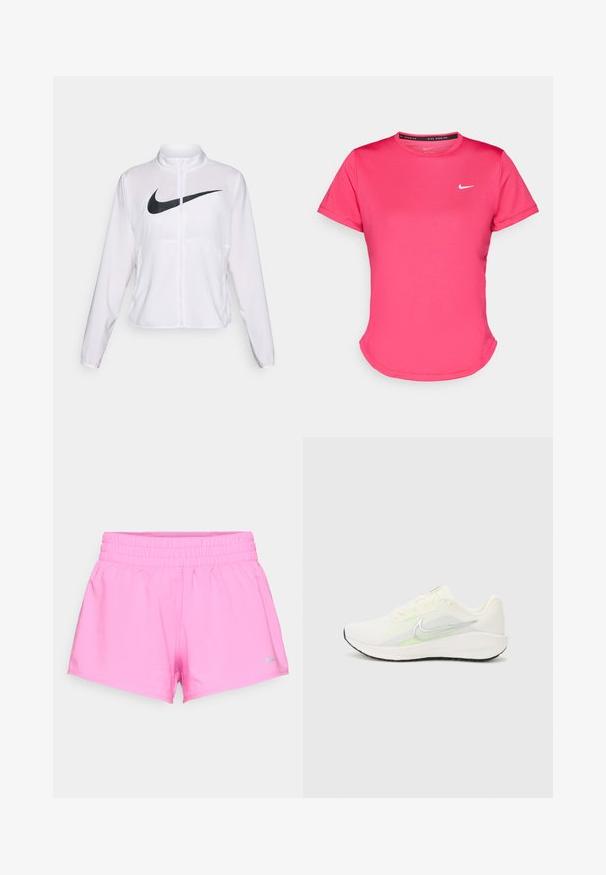 Biela bunda Nike s dlhými rukávmi, vysokým golierom, zipsom a výrazným čiernym logom swoosh na prednej strane. Hladká, ľahká tkanina.; Krátky rukáv ružového atletického trička vyrobeného z hladkej, ľahkej látky. Obsahuje malé biele logo Nike na hrudi a jemne zakrivený lem.; Jasne ružové športové šortky s elastickým pásom a malým šedým logom Nike na dolnom ľavom leme na bielom pozadí.; Nike Performance DOWNSHIFTER 13 - Cestná bežecká obuv - sail/silver-coloured photon dust/summit white/barely volt/black