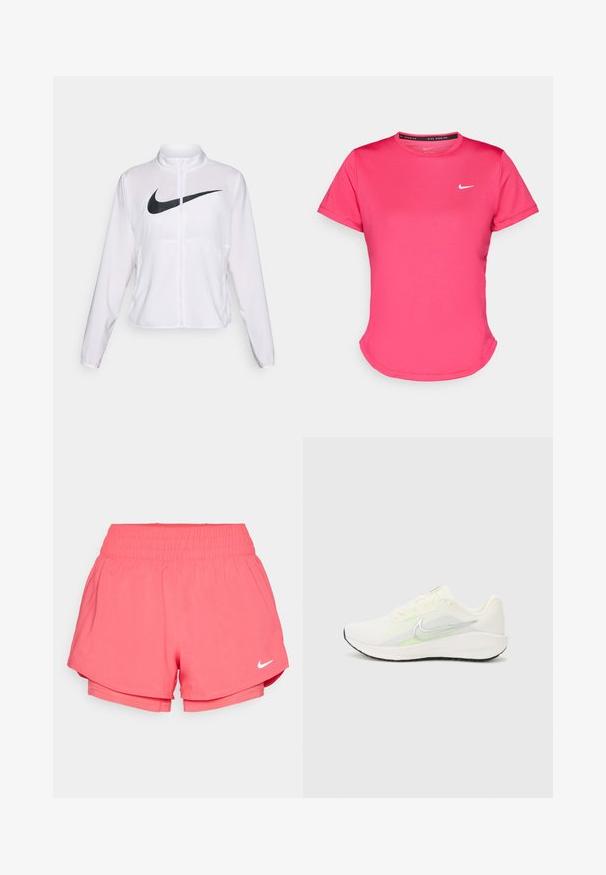 Bela Nike jakna z dolgimi rokavi, visokim ovratnikom, zadrgo in izstopajočim črnim znakomm Swoosh na sprednji strani. Gladek, lahek material.; Rosa kratka športna majica zadrgoprkva, izdelana iz gladkega in lahkega materiala. Ima majhen bel Nike logotip na prsih in subtilno ukrivljen rob.; Nike Performance ONE - Kratke hlače 2 v 1 - aster pink/reflective silver; Nike Performance DOWNSHIFTER 13 - Tekaški copati za cesto - sail/silver-coloured photon dust/summit white/barely volt/black