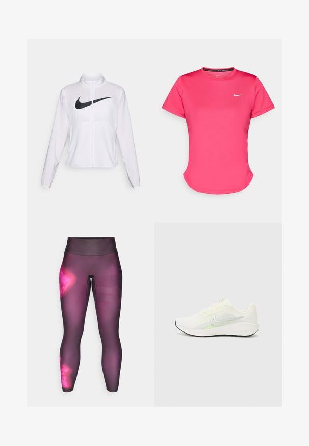 Hvit Nike-jakke med lange ermer, høy krage, glidelås foran, og en fremtredende svart swoosh-logo på forsiden. Glatt, lett materiale.; Kortermet rosa treningst-skjorte laget av et glatt, lett stoff. Har en liten hvit Nike-logo på brystet og en subtil buet hem.; Lilla treningsleggings med høy livlinje, med et gradientdesign og meshstriper på nedre del av benet for ventilasjon.; Nike Performance DOWNSHIFTER 13 - Løpesko for vei - sail/silver-coloured photon dust/summit white/barely volt/black