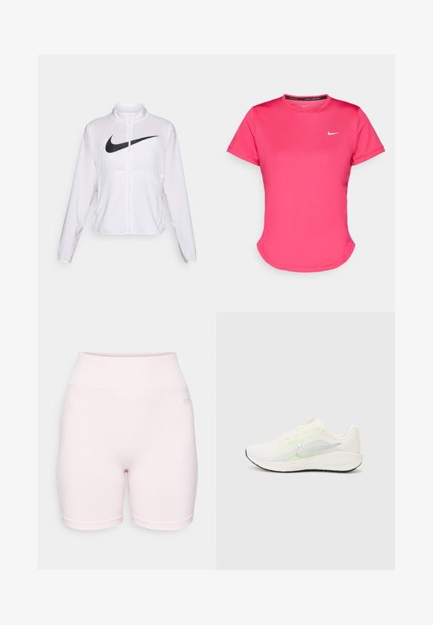 Jaqueta branca da Nike com mangas longas, gola alta, fecho de zíper e um grande logótipo swoosh preto na parte da frente. Tecido suave e leve.; T-shirt desportivo rosa de mangas curtas, feito de um tecido leve e suave. Apresenta um pequeno logótipo branco da Nike no peito e uma bainha arredondada discreta.; Calções ajustados cor-de-rosa claro com uma cintura canelada. Feitos de um tecido suave, apresentam uma marcação subtil de lado. Elásticos e fáceis de usar.; Nike Performance DOWNSHIFTER 13 - Sapatos para corrida em estrada - sail/silver-coloured photon dust/summit white/barely volt/black