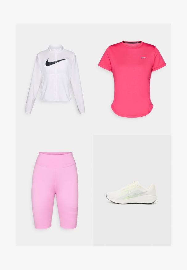 Balta Nike jaka ar garām piedurknēm, augstu apkakli, ar rāvējslēdzēja aizdari un izteiktu melnu Swoosh logotipu priekšpusē. Gluda, viegla auduma.; Īsām piedurknēm rozā sporta T-krekls, kas izgatavots no gludas, vieglas auduma. Tam ir mazs balts Nike logo uz krūts un diskrēts izliekts apakšmalas dizains.; Rozā sporta šorti, izgatavoti no elastīga auduma, ar augstu jostasvietu un teksturētām horizontālām svītrām apakšējiem sānos.; Nike Performance DOWNSHIFTER 13 - Apavi skriešanai pa asfaltu - sail/silver-coloured photon dust/summit white/barely volt/black