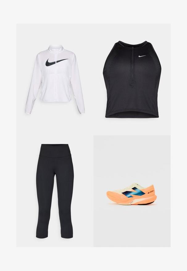 Chaqueta blanca de Nike con mangas largas, cuello alto, cierre de cremallera y un prominente logo negro del swoosh en la parte frontal. Tela suave y ligera.; Top corto deportivo negro con cremallera frontal, detalles de malla y un diseño ajustado. Fabricado con tejido elástico y transpirable. Logo de Nike en la parte frontal.; Leggings negros cortos hechos de tela elástica, con una cintura alta y una textura suave, sin patrones o herrajes visibles.; Zapatilla de running con un upper ligero en color crema, branding azul y acentos naranjas en la suela. Textura de malla para mayor transpirabilidad.