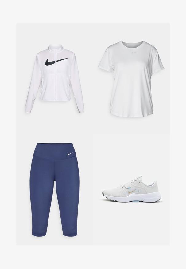 Chaqueta blanca de Nike con mangas largas, cuello alto, cierre de cremallera y un prominente logo negro del swoosh en la parte frontal. Tela suave y ligera.; Camiseta blanca de manga corta hecha de tejido suave, con un escote redondo y un pequeño logo de Nike gris en el pecho.; Leggings capri de color azul marino, fabricados con tela elástica, con una cintura ancha y un pequeño logo blanco en el lado izquierdo. Sin costuras visibles.; Nike Performance IN SEASON TR 13 - Zapatillas de entrenamiento - white