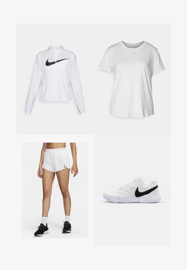 Vit Nike-jacka med långa ärmar, hög krage, blixtlåsstängning och en framträdande svart swoosh-logotyp på framsidan. Slät, lättviktsmaterial.; Vit T-shirt med kort ärm tillverkad av slätt material, med rund halsringning och en liten grå Nike-logotyp på bröstet.; Vita sportshorts med ribbad midjeresår, sidospjäll och en svart Nike-logotyp. Bärs med svarta sneakers och vita strumpor i crew-längd.; Vit sportskor med övre i texturerat läder, en svart swoosh-logotyp och en vadderad krage. Har en gummisula för grepp.