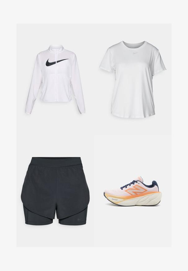 Valge Nike jakk pikkade varrukatega, kõrge krae, lukuga sulgur ja esifaasil silmapaistev must swoosh logo. Sile ja kerge kangas.; Valge lühikeste varrukatega T-särk, mis on valmistatud siledast kangast, ümarate kaelustega ning mille rinnal on väike hall Nike logo.; Mustad musta sportlikud lühikesed püksid kihilise disainiga, millel on sile välimine kiht ja istuvad sisepüksid. Valmistatud kergest, venivast kangast.; Jooksujalats, millel on hingav helesinine ülemine osa, oranžid aktsendid, tumesinised paelad ja pehme valge tallaosa, millel on tekstuuriga mustrid.