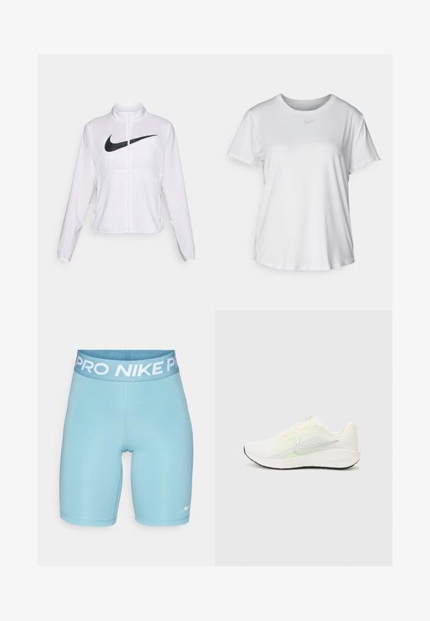 White Nike jacket with long sleeves, high collar, zip closure, and a prominent black swoosh logo on the front. Smooth, lightweight fabric.; White short-sleeve T-shirt made of smooth fabric, featuring a round neckline and a small grey Nike logo on the chest.; Nike Performance SHORT - Leggings - denim turquoise/white; Nike Performance DOWNSHIFTER 13 - Road running shoes - sail/silver-coloured photon dust/summit white/barely volt/black