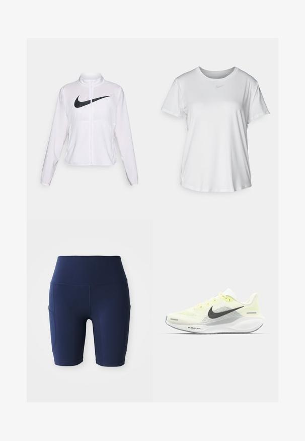 Chaqueta blanca de Nike con mangas largas, cuello alto, cierre de cremallera y un prominente logo negro del swoosh en la parte frontal. Tela suave y ligera.; Camiseta blanca de manga corta hecha de tejido suave, con un escote redondo y un pequeño logo de Nike gris en el pecho.; Mallas de ciclista de talle alto en azul marino, fabricadas con una tela elástica y suave; cuentan con bolsillos laterales y un diseño ajustado.; Zapatillas de correr Nike con una parte superior de malla en amarillo claro y blanco, detalles en gris y una suela de goma flexible. Cuenta con un cierre de cordones.