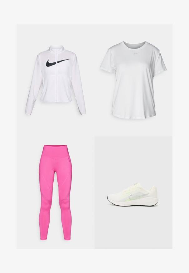 White Nike jacket with long sleeves, high collar, zip closure, and a prominent black swoosh logo on the front. Smooth, lightweight fabric.; White short-sleeve T-shirt made of smooth fabric, featuring a round neckline and a small grey Nike logo on the chest.; High-waisted pink leggings made of stretch fabric, featuring smooth texture and curved side seams for a fitted silhouette.; Nike Performance DOWNSHIFTER 13 - Road running shoes - sail/silver-coloured photon dust/summit white/barely volt/black