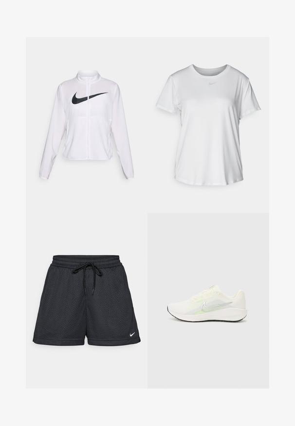 Bijela Nike jakna s dugim rukavima, visokim ovratnikom, zatvaranjem na patentni zatvarač i istaknutim crnim swoosh logom sprijeda. Glatka, lagana tkanina.; Bijela majica kratkih rukava od glatkog materijala, s okruglim izrezom i malim sivim Nike logom na prsima.; Crne mrežaste šortse sa elastičnom pojasnicom, detaljem na vezivanje i malim bijelim Nike logotipom na donjem rubu.; Nike Performance DOWNSHIFTER 13 - Tenisice za cestovno trčanje - sail/silver-coloured photon dust/summit white/barely volt/black