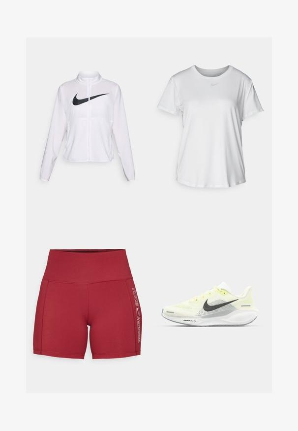 Veste blanche Nike à manches longues, col haut, fermeture éclair et un logo swoosh noir bien visible à l'avant. Tissu lisse et léger.; T-shirt blanc à manches courtes en tissu lisse, avec un col rond et un petit logo Nike gris sur la poitrine.; Shorts de sport rouges en tissu extensible avec une taille haute. Présente un logo imprimé blanc et des accents sur les côtés. Texture lisse et design ajusté.; Baskets de course Nike avec une tige en mesh jaune clair et blanche, des accents gris et une semelle en caoutchouc flexible. Présentent un système de laçage.