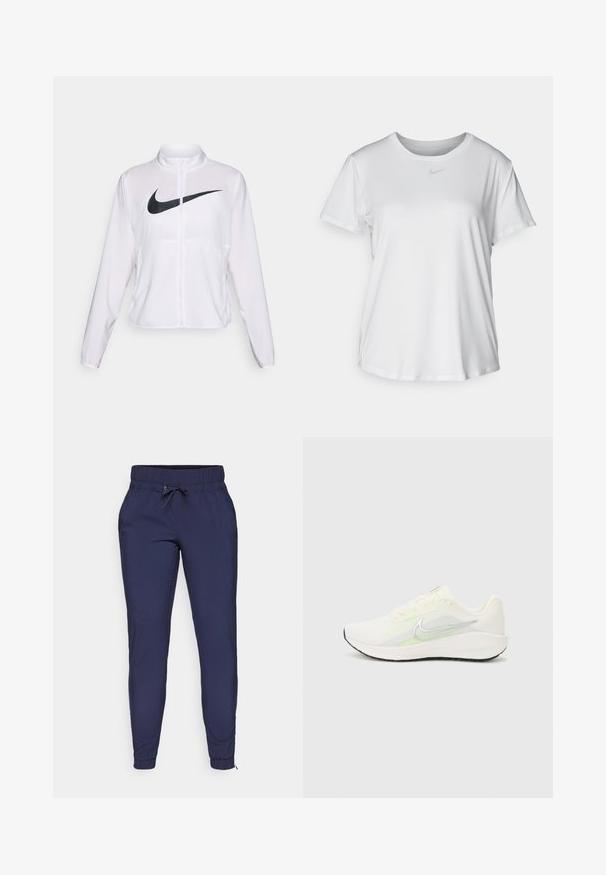 Bijela Nike jakna s dugim rukavima, visokim ovratnikom, zatvaranjem na patentni zatvarač i istaknutim crnim swoosh logom sprijeda. Glatka, lagana tkanina.; Bijela majica kratkih rukava od glatkog materijala, s okruglim izrezom i malim sivim Nike logom na prsima.; Tamno plave hlače za trčanje s elastičnim pojasom i podesivom vezicom, koje imaju sužene nogavice i rebraste manžete na gležnjevima. Glatka tekstura tkanine.; Nike Performance DOWNSHIFTER 13 - Tenisice za cestovno trčanje - sail/silver-coloured photon dust/summit white/barely volt/black