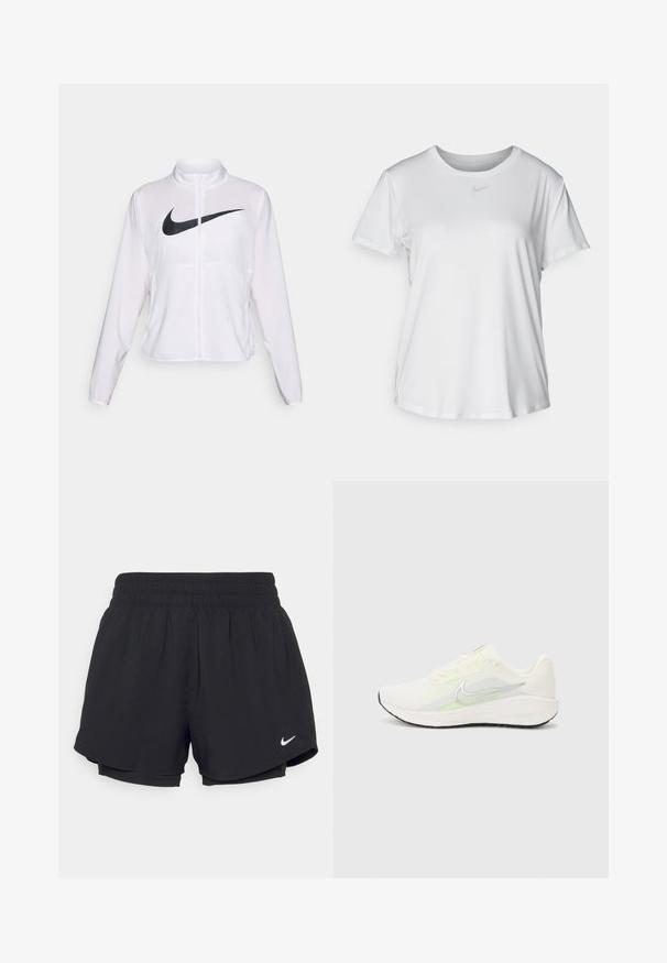 Biała kurtka Nike z długimi rękawami, wysokim kołnierzem, zamkiem błyskawicznym oraz wyraźnym czarnym logo swoosh z przodu. Gładki, lekki materiał.; Biała koszulka z krótkim rękawem, uszyta z gładkiego materiału, z okrągłym dekoltem i małym szarym logo Nike na piersi.; Czarne spodenki sportowe z marszczonym elastycznym pasem, wewnętrzną podszewką i białym logo Nike w dolnym lewym rogu. Gładki, lekki materiał.; Nike Performance DOWNSHIFTER 13 biały