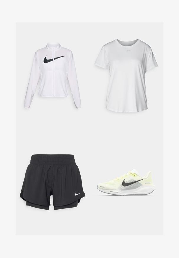 Witte Nike jack met lange mouwen, hoge kraag, ritssluiting en een opvallend zwart swoosh-logo aan de voorkant. Glad, lichtgewicht stof.; Witte T-shirt met korte mouwen van gladde stof, met een ronde halslijn en een klein grijs Nike-logo op de borst.; Zwarte sportshorts met een elastische tailleband, binnenvoering en zijsplitten. Voorzien van een wit Nike-logo aan de voorkant links.; Nike hardloopschoenen met een lichtgele en witte mesh bovenkant, grijze accenten en een flexibele rubberen zool. Voorzien van een vetersluiting.